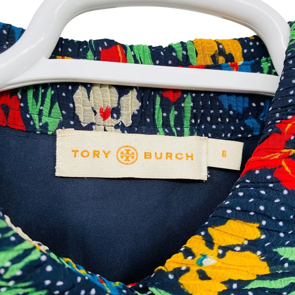 Tory Burch Navy Blue Floral Pleated Ruffle Button Front Shift Mini‎ Dress 6